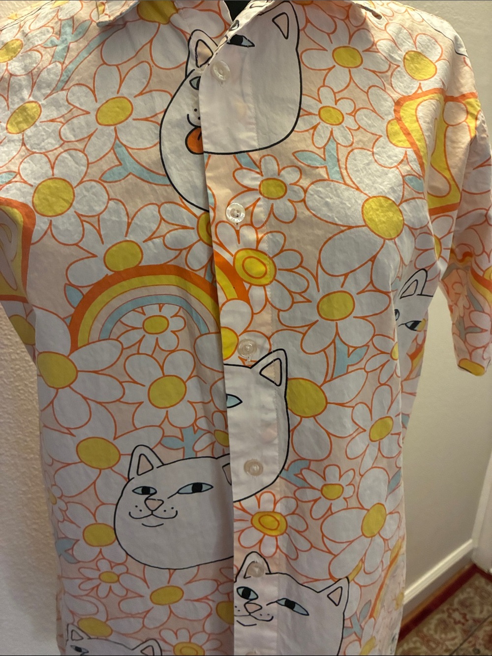Ripndip Pink & Orange Daisy Cat Print Shirt Small - Picture 2 of 8